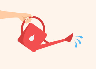 Female hand holding red plastic watering can or pot. Garden tool for watering plants. Vector illustration in flat style