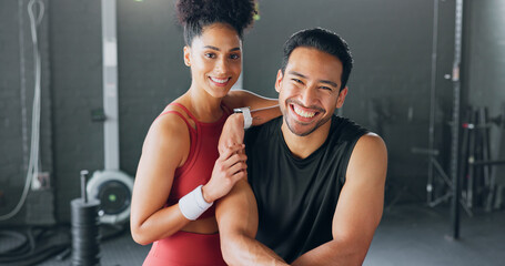 Health, fitness and personal trainer team at gym for exercise, motivation and body goal, happy and relax. Friends, workout and portrait of black woman and man bond, ready and excited for challenge