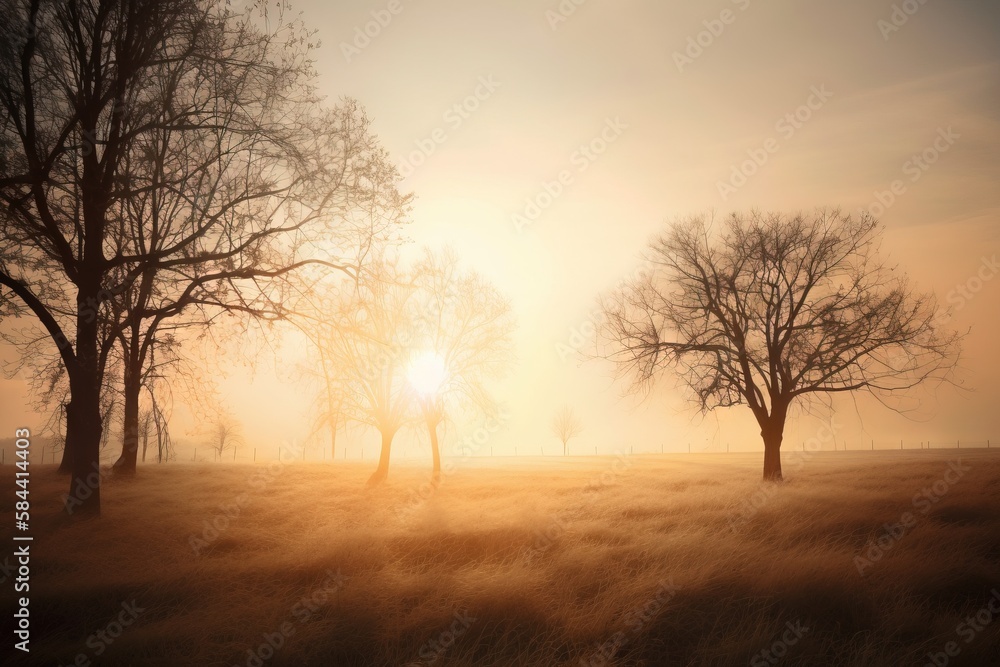 Poster a field with trees and grass in the foreground and the sun in the background. generative ai
