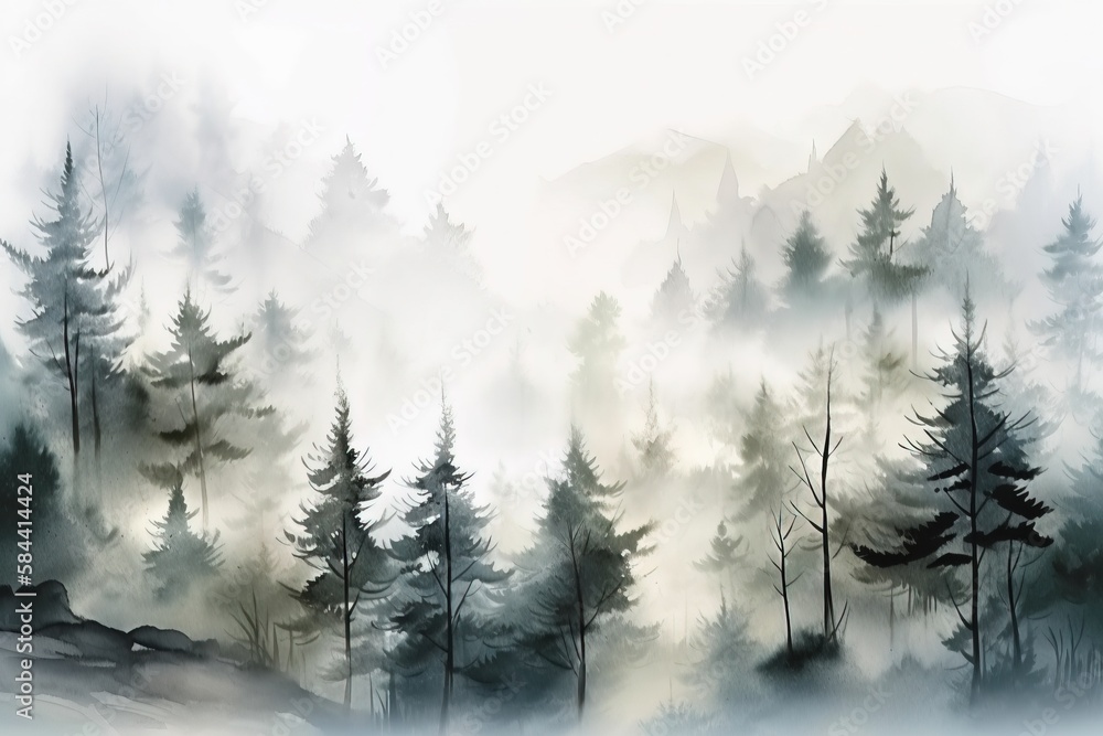 Poster a painting of a forest with trees and fog in the background. generative ai