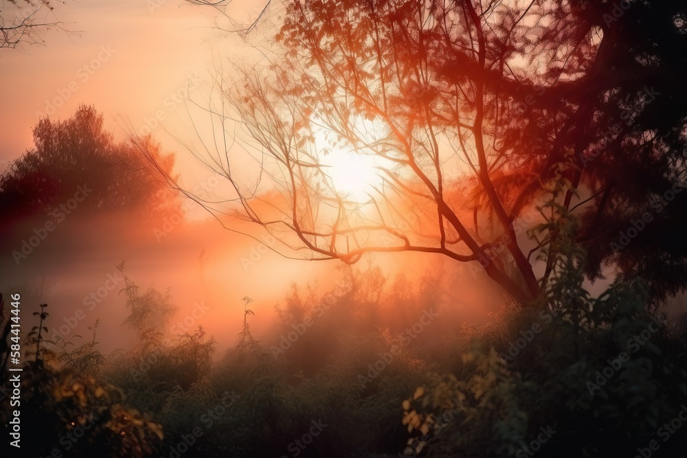 Poster the sun is shining through the fog in the trees and bushes. generative ai