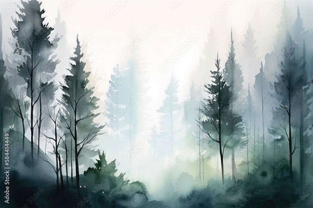 Poster a painting of a forest with trees in the foreground and a white background the trees are painted in 