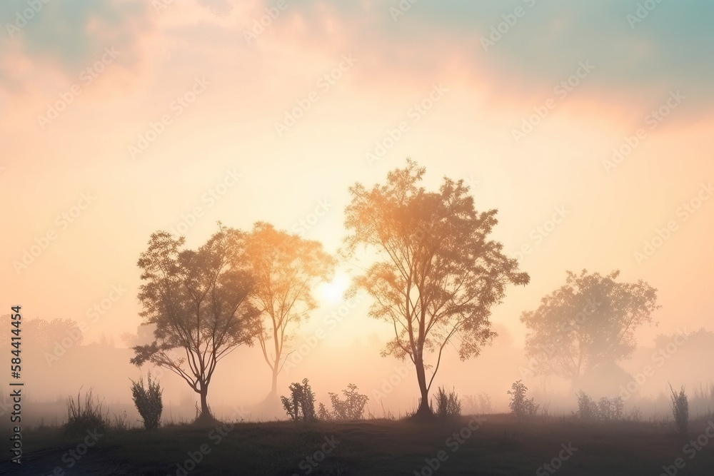 Poster the sun is setting behind the trees in the foggy field. generative ai