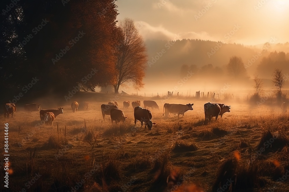 Poster a herd of cattle grazing in a field on a foggy day. generative ai