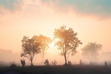 Fototapeta na wymiar the sun is setting behind the trees in the foggy field. generative ai