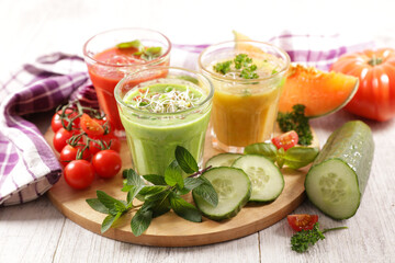 assorted of cold soup- Melon,  tomato and cucumber Gazpacho