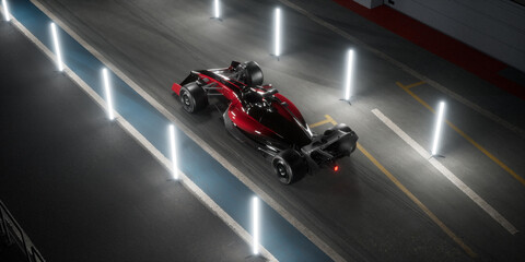Overhead high angle view of a red modern generic sports racing car standing on a pit lane, surrounded by LED light tubes, cinematic lighting. Daytime shot. Realistic 3d rendering
