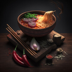 noodles with vegetable on wooden background stock photo