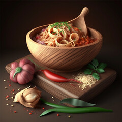 noodles with vegetables in the wooden bowl