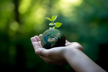 Growing tree on Globe in human hand on green nature background. Earth Day. Generative AI 1