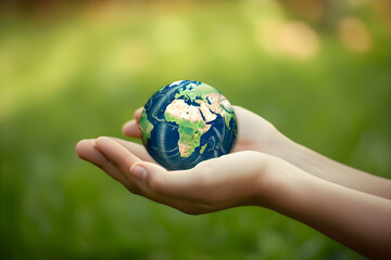 hands holding earth global over blurred nature background. Earth Day. Generative AI