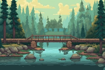 2D game landscape, bridge, lake, pine forest, 16 bit pixel style. Generative AI
