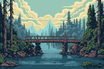 2D game landscape, bridge, lake, pine forest, 16 bit pixel style. Generative AI