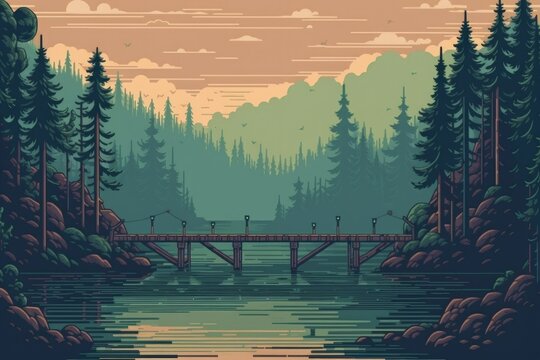 2D game landscape, bridge, lake, pine forest, 16 bit pixel style. Generative AI