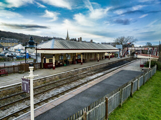Aerial view of Ramsbottom Train Station in Lancashire, England 