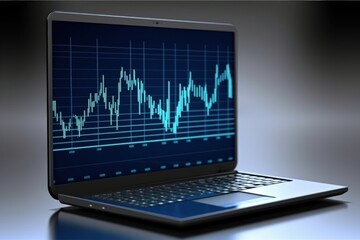 Graph illustration on laptop screen, background, investment concept. Generative AI