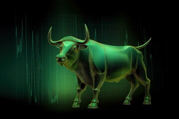 Green bull illustration, green background, stock exchange concept, win. Generative AI