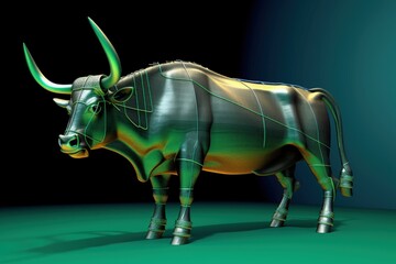 Green bull illustration, green background, stock exchange concept, win. Generative AI