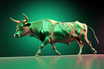 Green bull illustration, green background, stock exchange concept, win. Generative AI