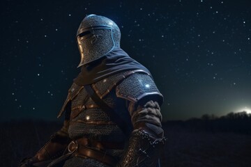 Fototapeta premium Landscape with medieval knight in armor, history and fantasy concept. Generative AI