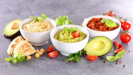assorted of dipping sauce- various of hummus
