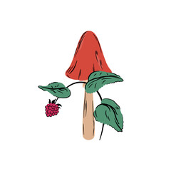 Muchomor i krzak malin. Grzyb z czerwonym kapeluszem i malina na krzaczku. Leśna kompozycja botaniczna. © Monika