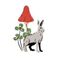 Szary zając, koniczyna i czerwony muchomor. Leśna kompozycja botaniczna. Botaniczna ilustracja wektorowa. © Monika