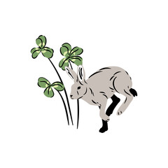Szary zając i koniczyna. Leśna kompozycja. Botaniczna ilustracja wektorowa. © Monika