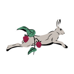 Szary zając i krzaczek malin. Skaczący zwierzak i czerwone soczyste owoce. Leśna kompozycja. Botaniczna ilustracja wektorowa. © Monika