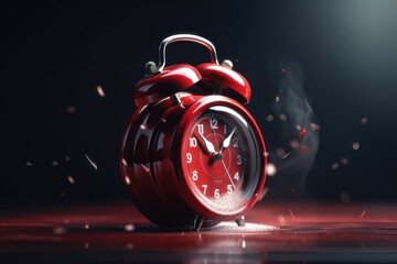 Ringing and bouncing red alarm clock background. AI generated