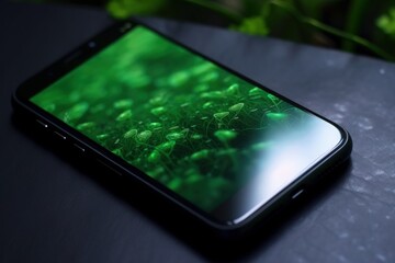 Cell phone illustration with greenery on screen, green background, environment concept. Generative AI