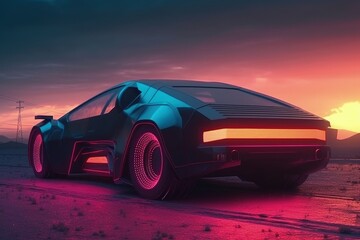 Fototapeta na wymiar Futuristic custom car illustration, landscape in the background, vaporwave, retro style. Generative AI