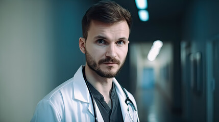 Fototapeta premium Doctor Man With Stethoscope In Hospital. - Generative Ai. - Doctor, man, stethoscope, hospital, healthcare, medicine, medical, professional, expertise, examination, diagnosis, treatment, care.