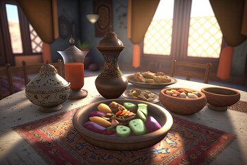 Fototapeta premium Close up variety of table with arabic food during iftar meal on ramadan AI generated