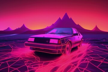 Fototapeta na wymiar Futuristic custom car illustration, landscape in the background, vaporwave, retro style. Generative AI