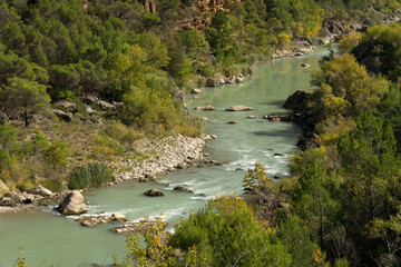 Gallego river in the area of Mallos de Riglos (Riglos cliffs) in Huesca. Aragón, Spain.