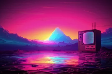 Rolgordijnen Illustration of old tv and landscape in the background, retro 80s and 90s style, vaporwave. Generative AI © Deivison