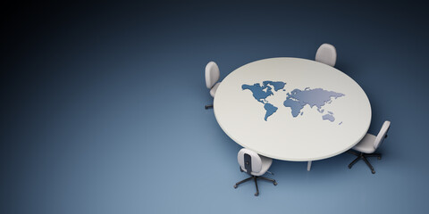 Conference table and chairs with the world map on the board. International politics concept,