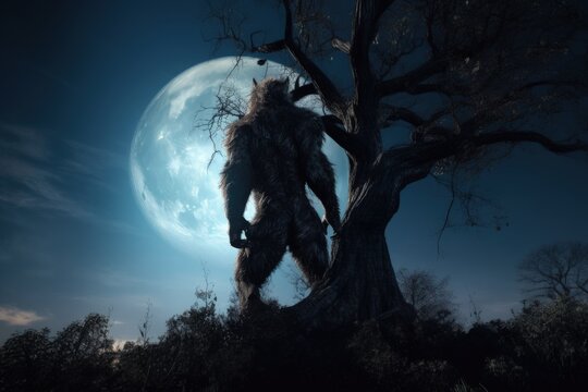 Landscape with macabre werewolf, night with full moon. Generative AI