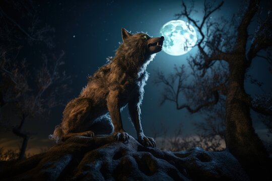 Landscape with wild wolf, night with full moon, tree. Generative AI
