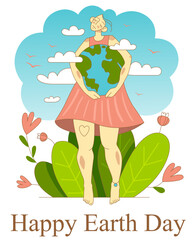 Save our planet. World Environment day or Earth day concept. Vector illustration with nature woman holding our planet. Art for poster, banner, website, placecard, flyer.