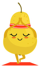 Pear in yoga pose. Cartoon fruit mascot training