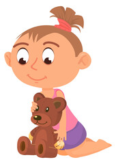 Cartoon baby girl with teddy bear. Kid playing with soft toy