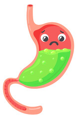 Heartburn icon. Sad cartoon stomach with green acid