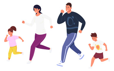 Family running exercise. Active sport parents with kids