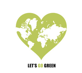 Earth Day. A heart-shaped world as a logo, sticker, icon, symbol. Vector illustration. Let's go green. Eco concept. 