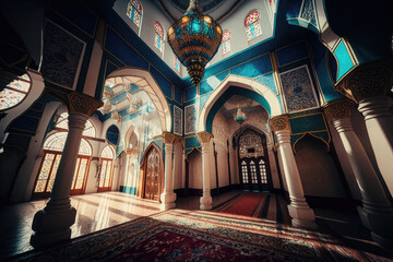 Obraz premium Interior of muslim mosque in traditional design colorful style with arabic ornaments AI generated