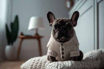 home pet French Bulldog in clothes resting on the bed Generative AI