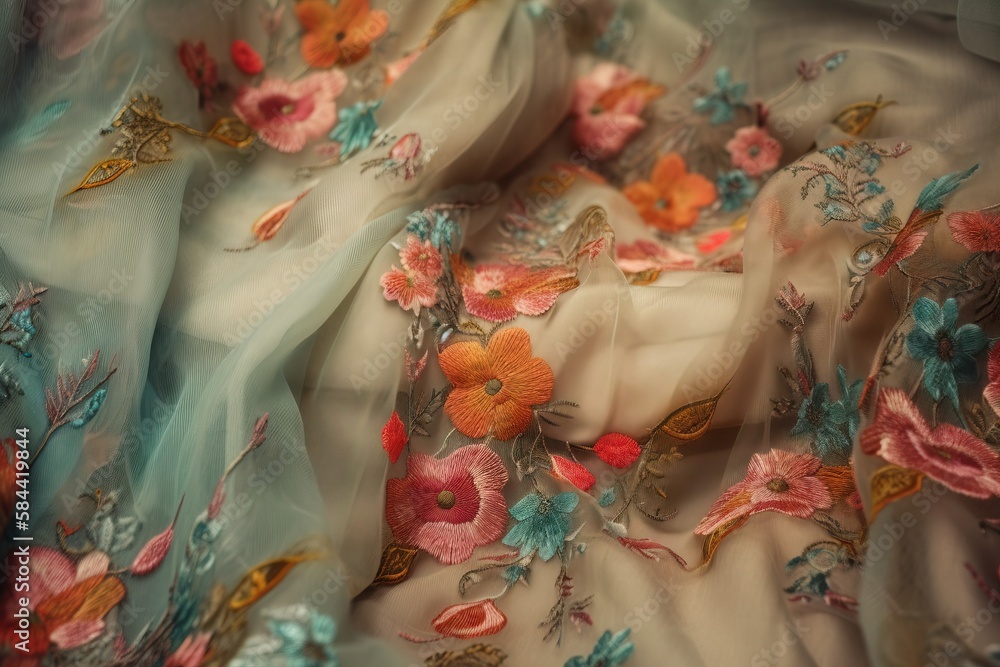 Poster a close up of a cloth with flowers on it and a butterfly on it. generative ai