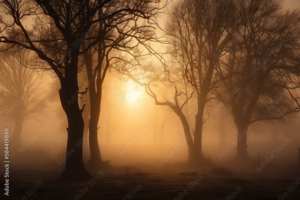 Poster a foggy field with trees and a bench in the foreground. generative ai